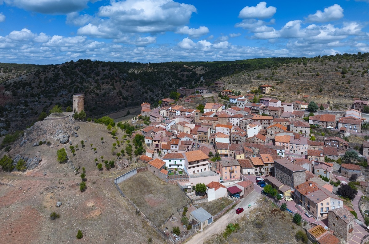 Aerial view of the landscape in the town of Cobeta. Molina Alto Tajo Geopark. Guadalajara. Castilla la Mancha. Spain. Europe. Rewilding Europe