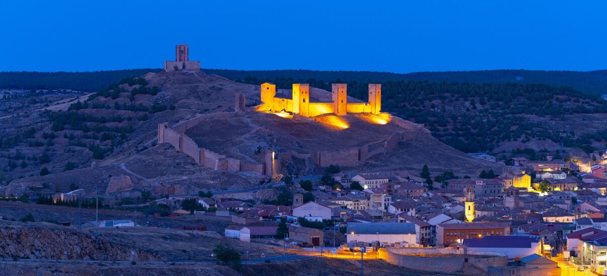 Castle of Molina de Aragon at dusk. Molina Alto Tajo Geopark. Guadalajara. Castilla la Mancha. Spain. Europe. Rewilding Europe